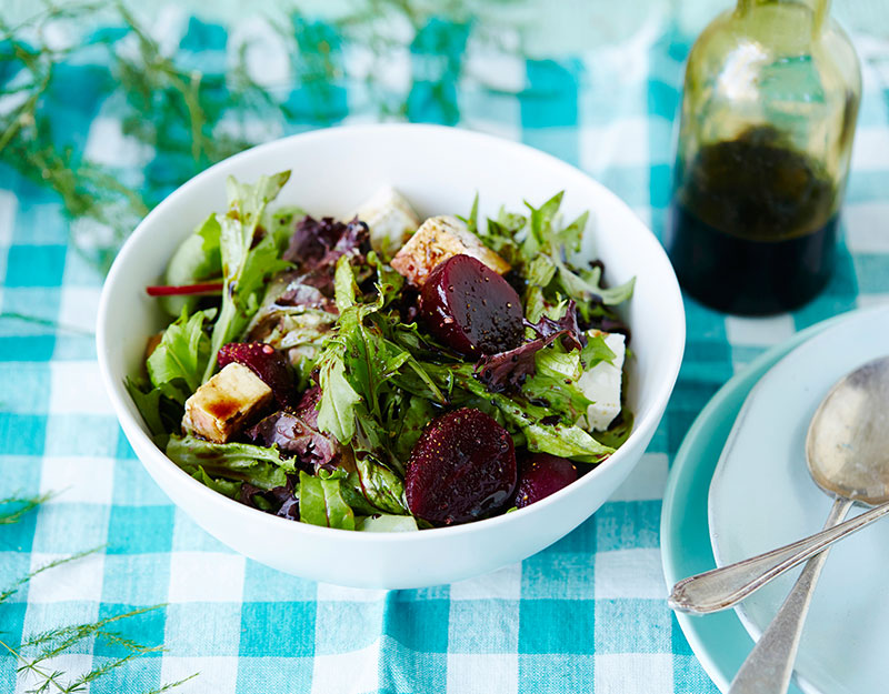 Delicious Feta & Beetroot Salad served with dressing.