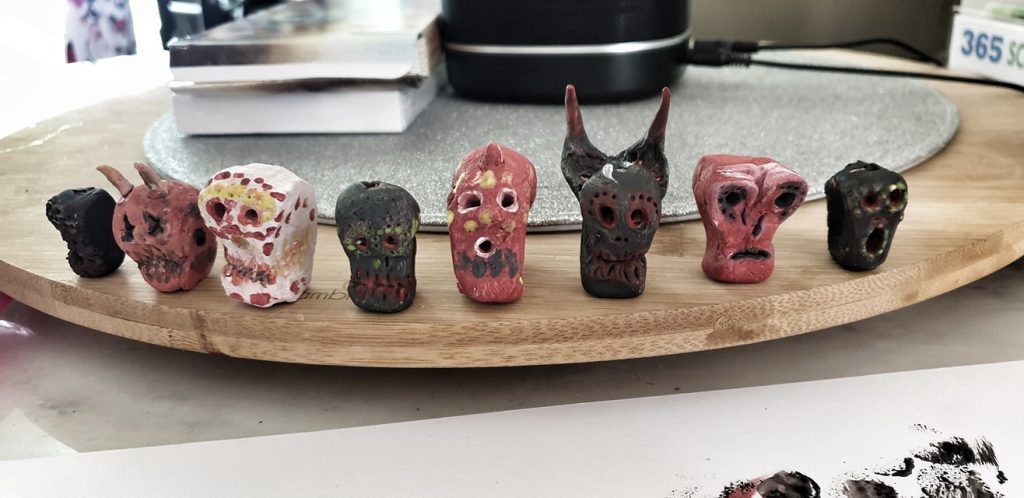 Air Dry Clay Skulls after being painted.